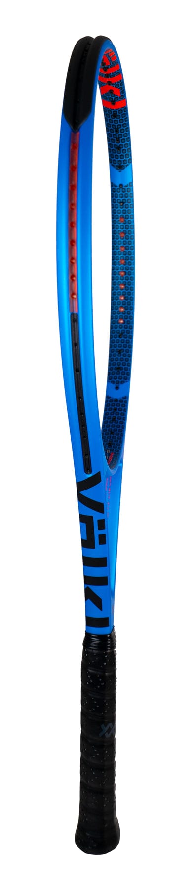 Introducing the Volkl V-Cell 5 Tennis Racket - Blue / Red (Frame Only), an innovative design by Volkl. This lightweight racket features a sleek blue and black frame, complemented by red strings for superior performance, and a textured grip. The frame boasts a modern aesthetic with the iconic logo, ideal for players who prioritize both style and functionality on the court.