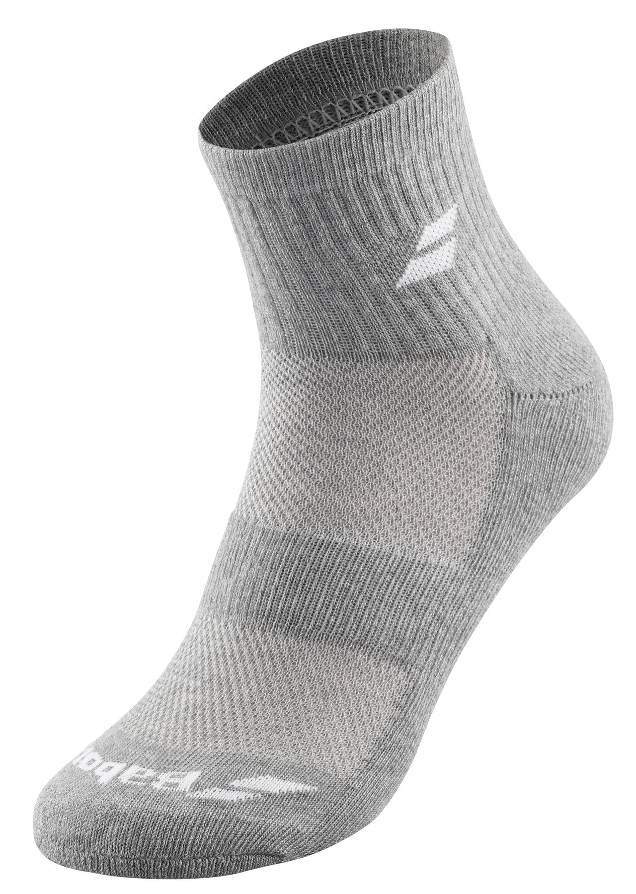 The Babolat Quarter 3 Pack Tennis Socks in White, Blue, and Grey feature a ribbed ankle cuff and ventilated zones for optimal breathability. A white logo is visible near the ankle and toe area. Designed for sports or exercise, these socks offer comfort and support with their mesh-like texture on top.