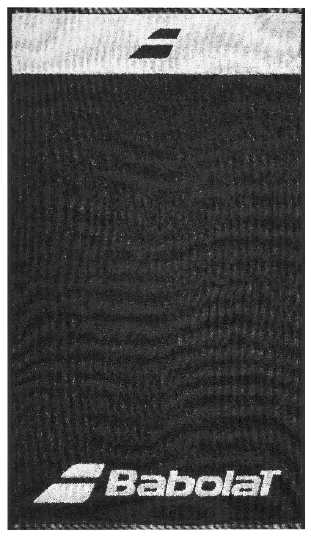 Introducing the Babolat Medium Towel in Black/White by Babolat, made from 100% cotton. This towel showcases the classic Babolat logo at both the bottom center and top edge, making it an ideal companion on the court.