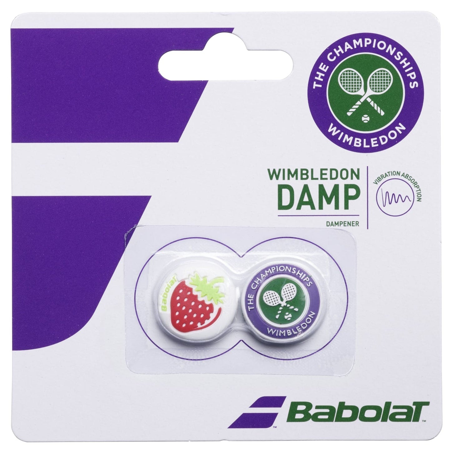 The Babolat Wimbledon Damp X2 Tennis Dampener packaging features one dampener with a strawberry design and the other with the classic Wimbledon logo, complete with crossed rackets and a tennis ball, making them ideal string vibration dampeners for avid players.