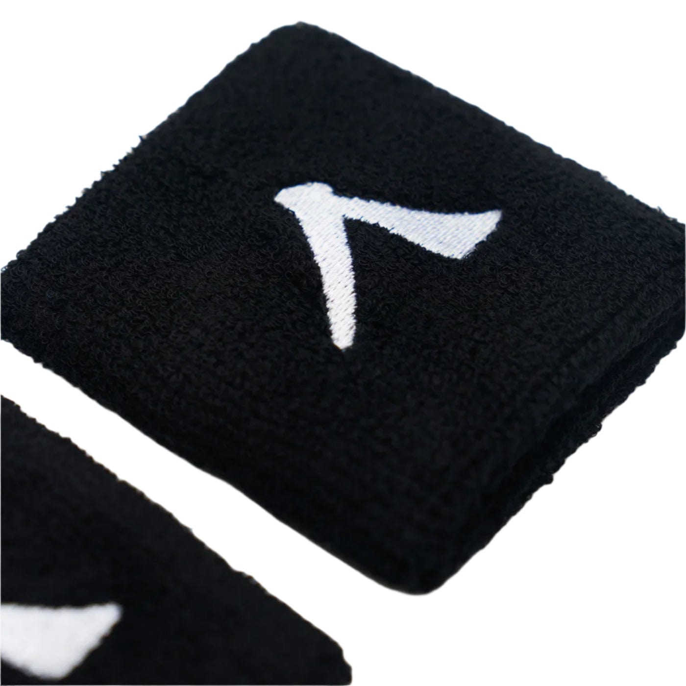 Close-up of the black Kanso 7cm Wristbands, featuring a white stylized 'v' logo. The soft, absorbent fabric promises maximum comfort. The wristbands are neatly folded and displayed against a white background as part of a 2-pack set from Brand Kanso.
