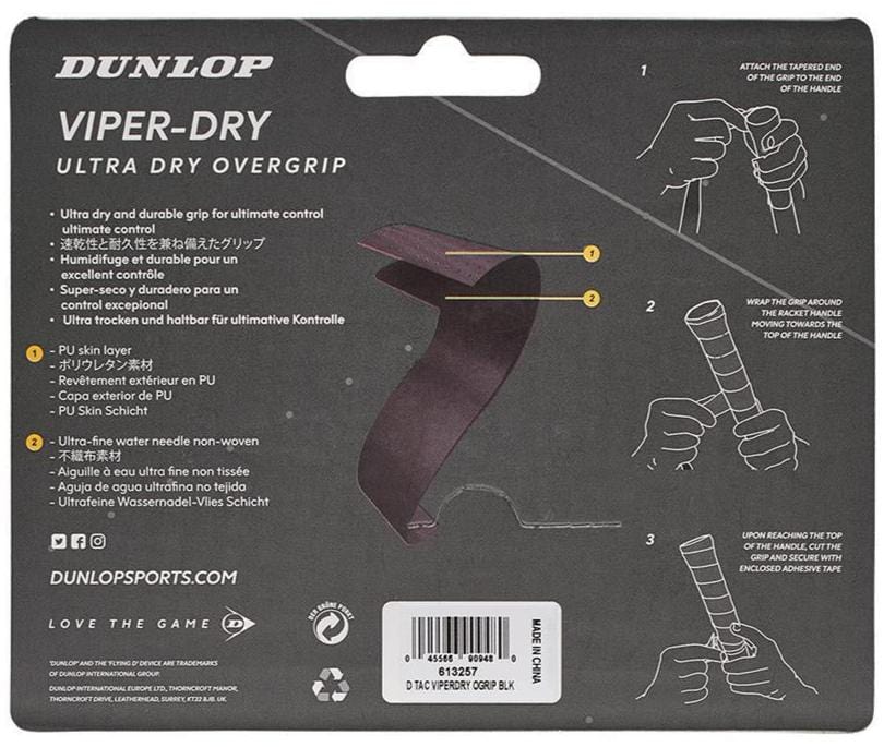 The packaging for the Dunlop Viper-Dry Tennis Overgrip - 3 Pack - Black emphasizes its exceptional durability and perspiration absorption. It features multilingual product information and application instructions, along with diagrams that demonstrate how to properly attach the overgrip to a racket handle for optimal grip and control.