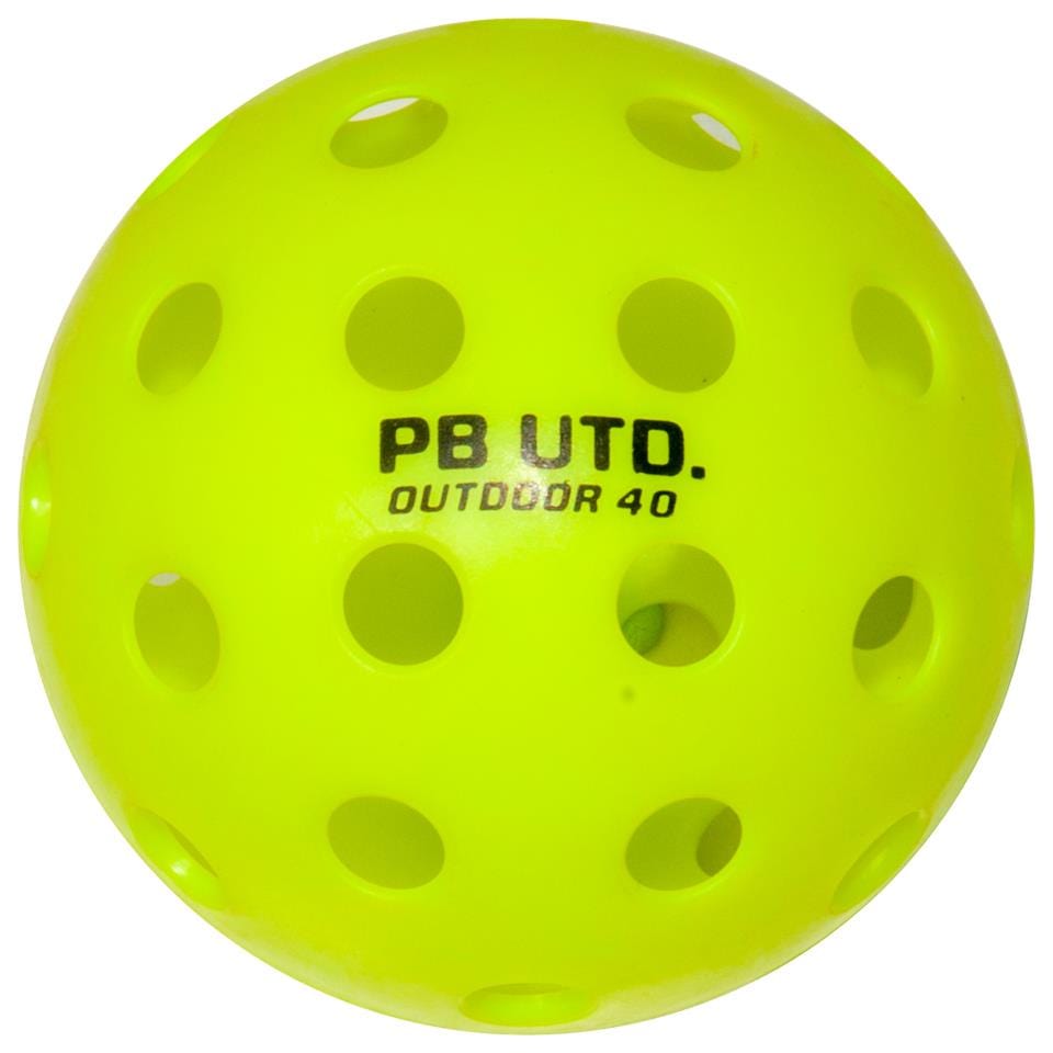 The Pickleball United Freedom 40 Outdoor Pickleball Ball (12 Ball) in bright yellow features multiple holes, "PB UTD. OUTDOOR 40" in black, and is designed by Pickleball United for high visibility and outdoor durability.