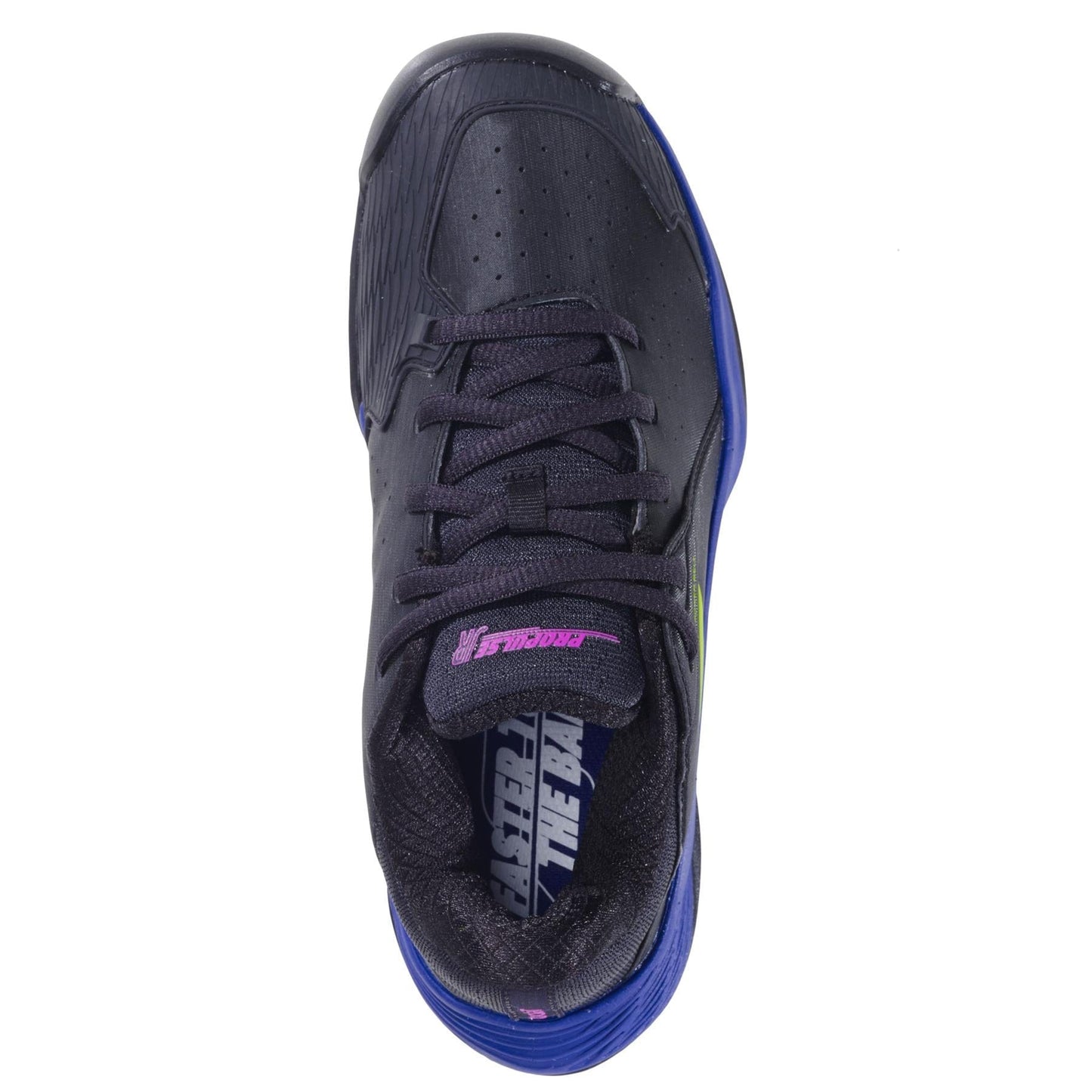 The Babolat Propulse Junior 3 Boys Tennis Shoes in Black/Dark Blue feature purple laces, a blue Michelin outsole, pink accents, and an insole with white "CHASE THE WAVE" text, shown from an overhead view.
