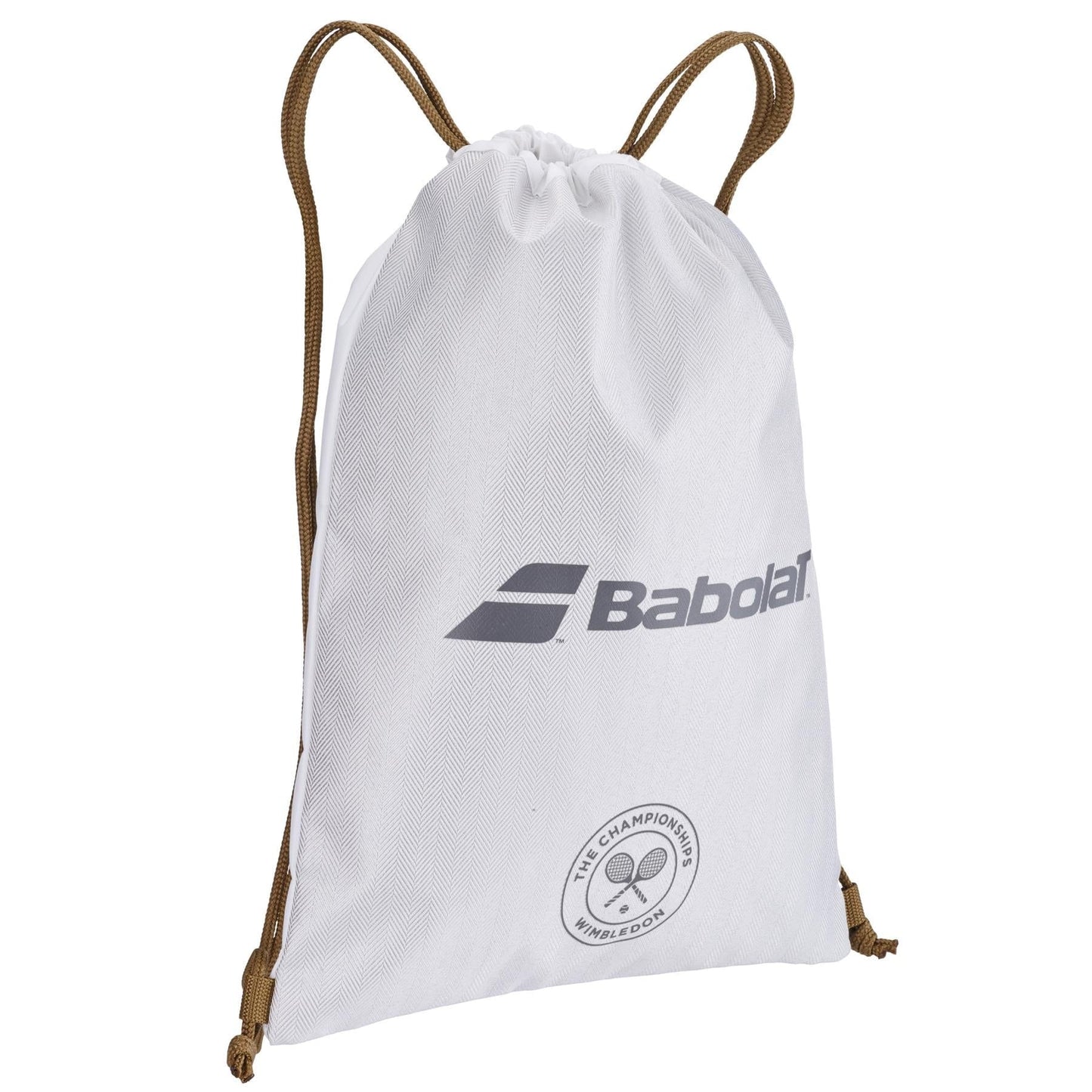 This grey Babolat Wimbledon gym bag, adorned with brown cords and the iconic logo, features a circular emblem showcasing a tennis ball with crossed rackets. Proudly marked "The Championships Wimbledon," it nods to the prestigious British tournament.