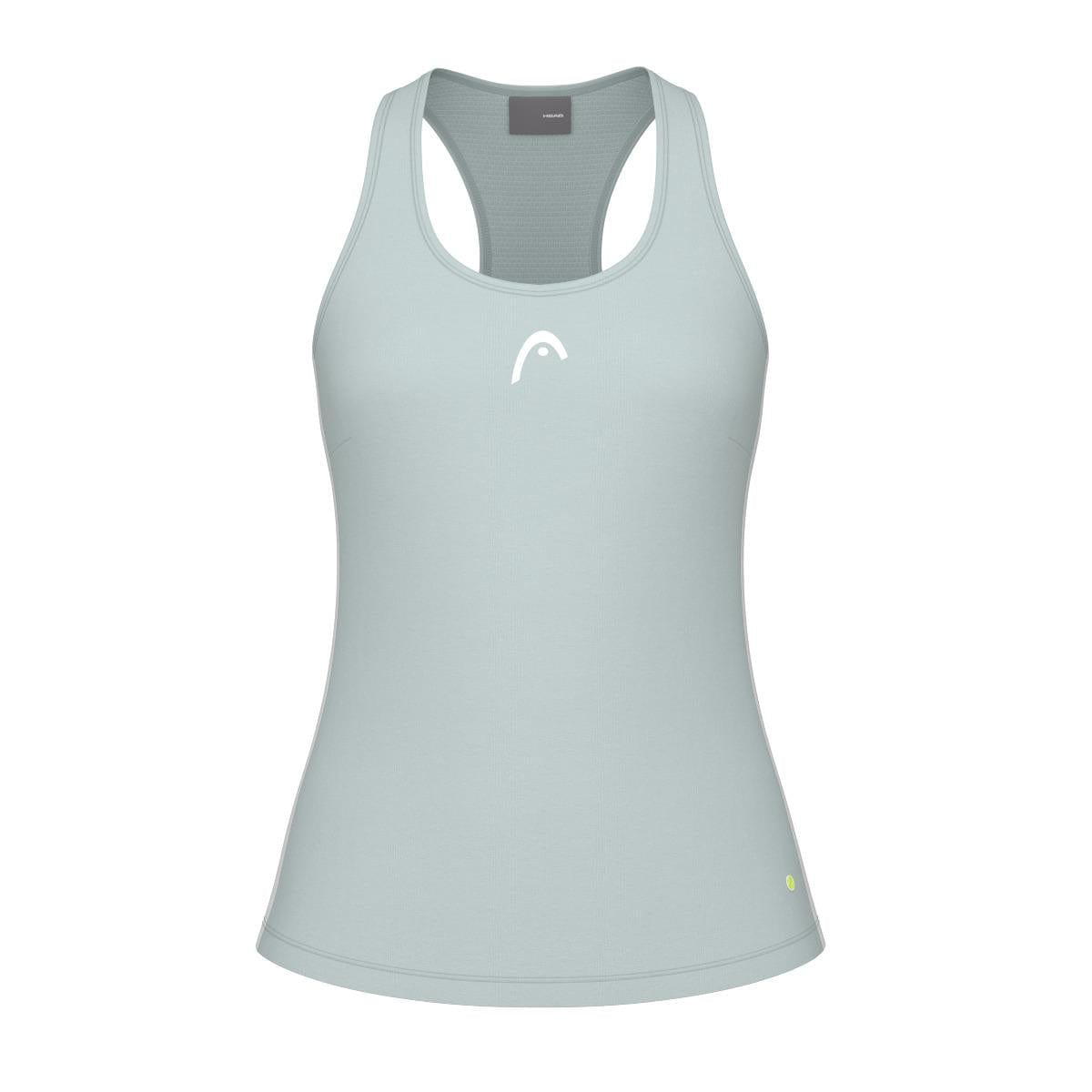 Discover the HEAD Spirit Women's Tennis Tank Top in Infinity Blue, crafted from moisture transfer microfiber with a sleeveless racerback design. It sports a distinctive small white logo on the chest and features a subtle round yellow emblem near the bottom left hem, making it an ideal choice for active sportswear enthusiasts.