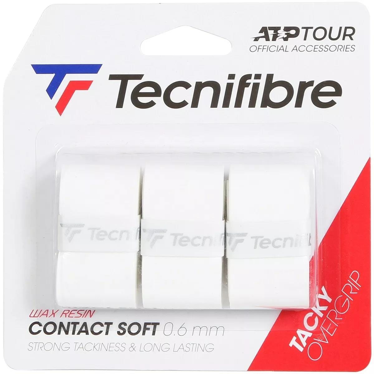 The Tecnifibre Contact Soft Tennis Overgrip package includes three white grips and emphasizes features like "wax resin," "contact soft," and a thickness of "0.6 mm" for a soft feel. As an ATP Tour Official Accessory, it efficiently absorbs sweat to ensure comfort on the court.