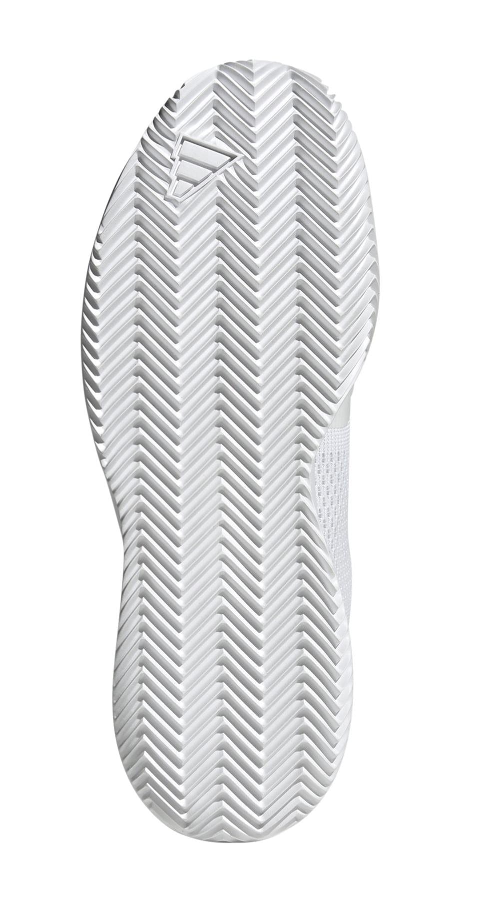 The image highlights the sole of the ADIDAS Courtflash Speed 2 Men's Tennis Shoes in White, featuring a grippy herringbone tread pattern and a small triangular logo. The lightweight mesh upper boosts agility on the court.