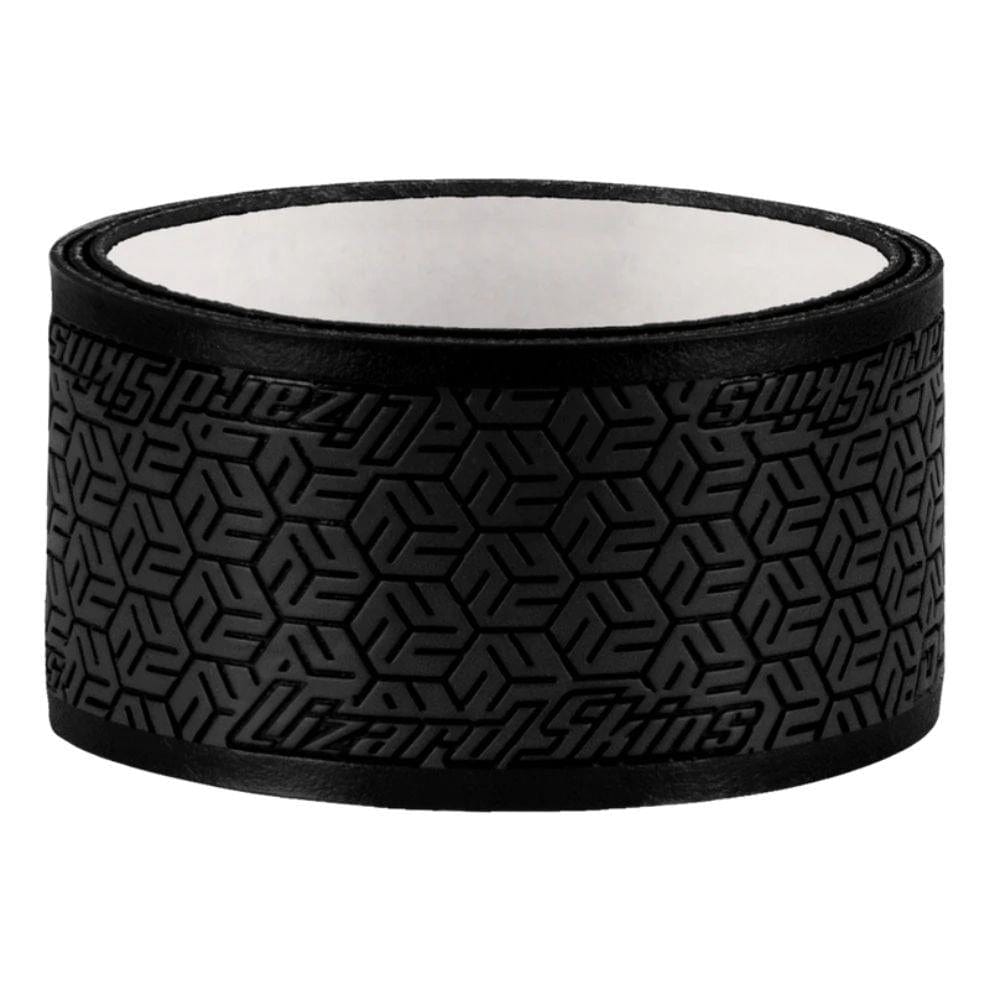 The Lizard Skin DSP Ultra Pickleball Grip 0.8mm in Jet Black features a textured geometric surface for enhanced tackiness, with the Lizard Skin brand name embossed on it.