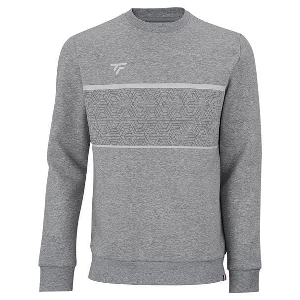 The Tecnifibre Mens Team Tennis Sweater in silver is a sweatshirt with a geometric pattern across the chest and a small logo on the upper left, made from premium cotton fleece for high-performance comfort.