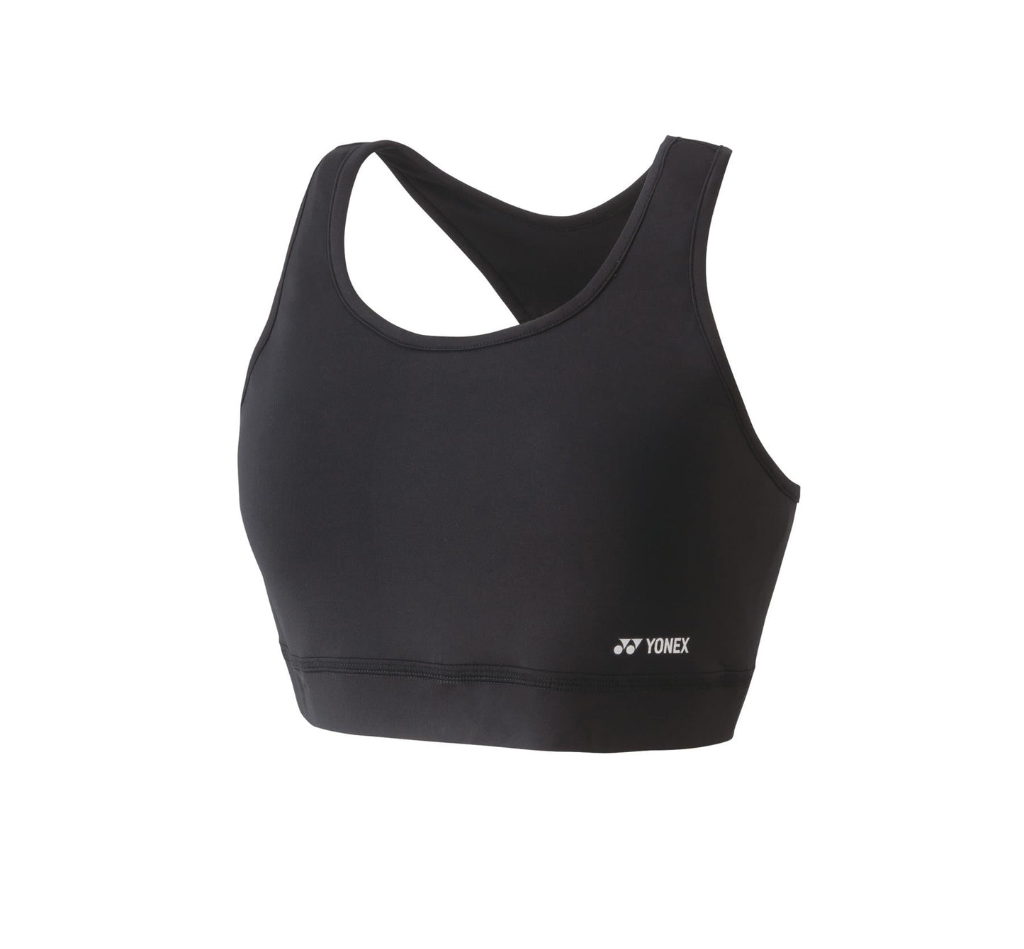 The Yonex 46045 Women's Tennis Sports Bra in black is showcased against a white backdrop, featuring a racerback design. The "YONEX" logo is prominently printed in white on the lower right front of the bra, incorporating cooling technology and UV reduction for added comfort and protection.