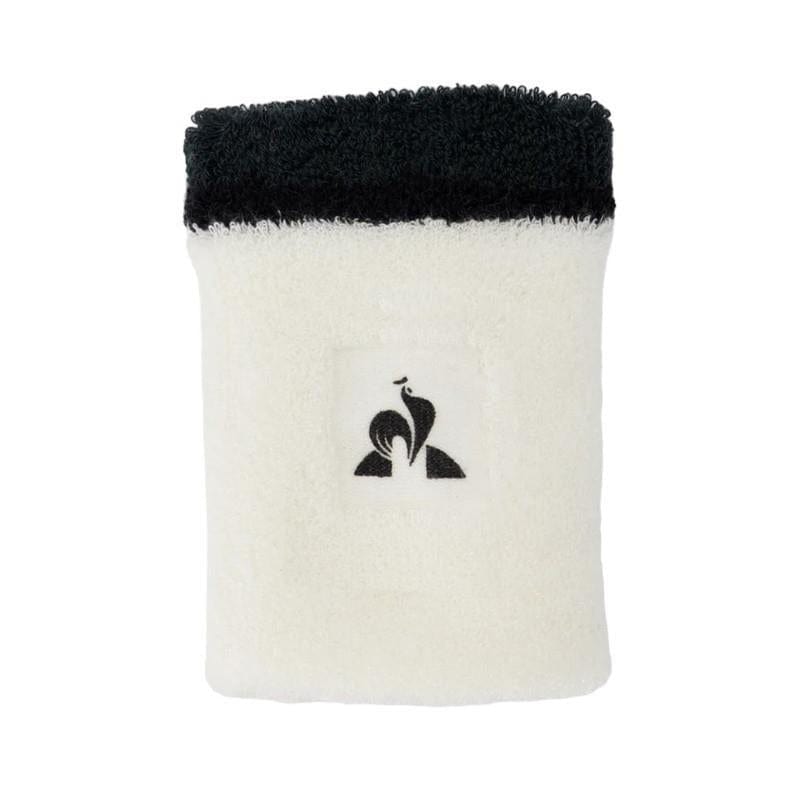 Pair your Le Coq Sportif Tennis Sweatband - Marshmallow with a white towel featuring a black top edge and centered rooster logo—stay stylish and sweat-free on the court.