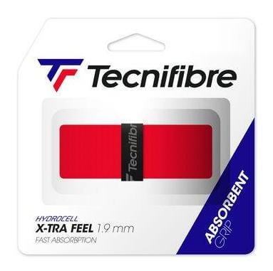 The packaging for the Tecnifibre X-Tra Feel Replacement Tennis Grip in red features "X-TRA FEEL 1.9 mm" prominently, with "Fast Absorption" noted on the bottom left to highlight its perspiration absorption capabilities, and "ABSORBENT GRIP" on the right, ensuring optimal stability during play.