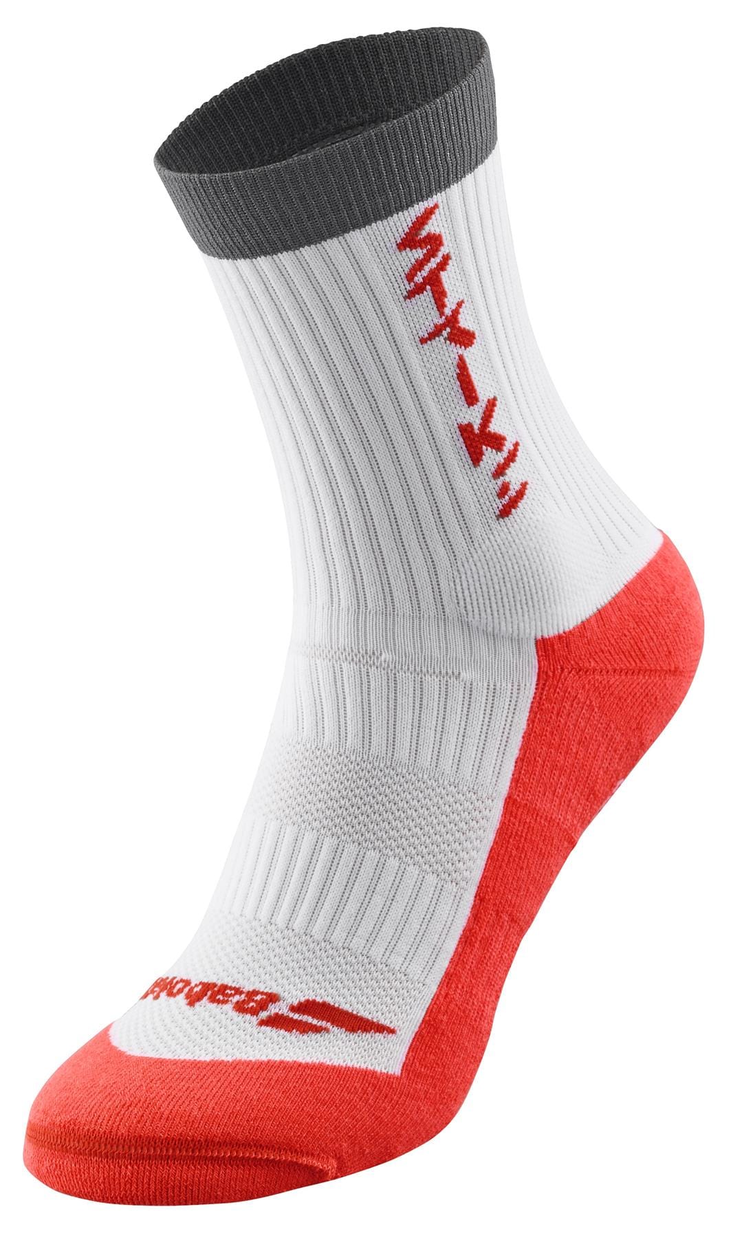 Introducing the Babolat Pro 360 Men's Tennis Socks in White and Strike Red: These socks showcase a white base with vibrant red lettering and intricate details. They are designed with a grey cuff, complemented by a striking red toe and heel. The vertical branding along the sides prominently displays the Babolat logo, while additional branding can be found on the toe area. Ribbed sections add texture to the design, and underfoot cushioning guarantees exceptional comfort for any activity.