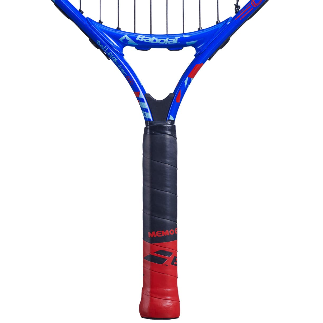 A close-up of the Babolat BallFighter 21 Junior Tennis Racket in a striking combination of blue and red, showcasing black grip tape ideal for teaching grip techniques. The Babolat brand name is prominently displayed on the frame, making it an excellent choice for beginner tennis players.