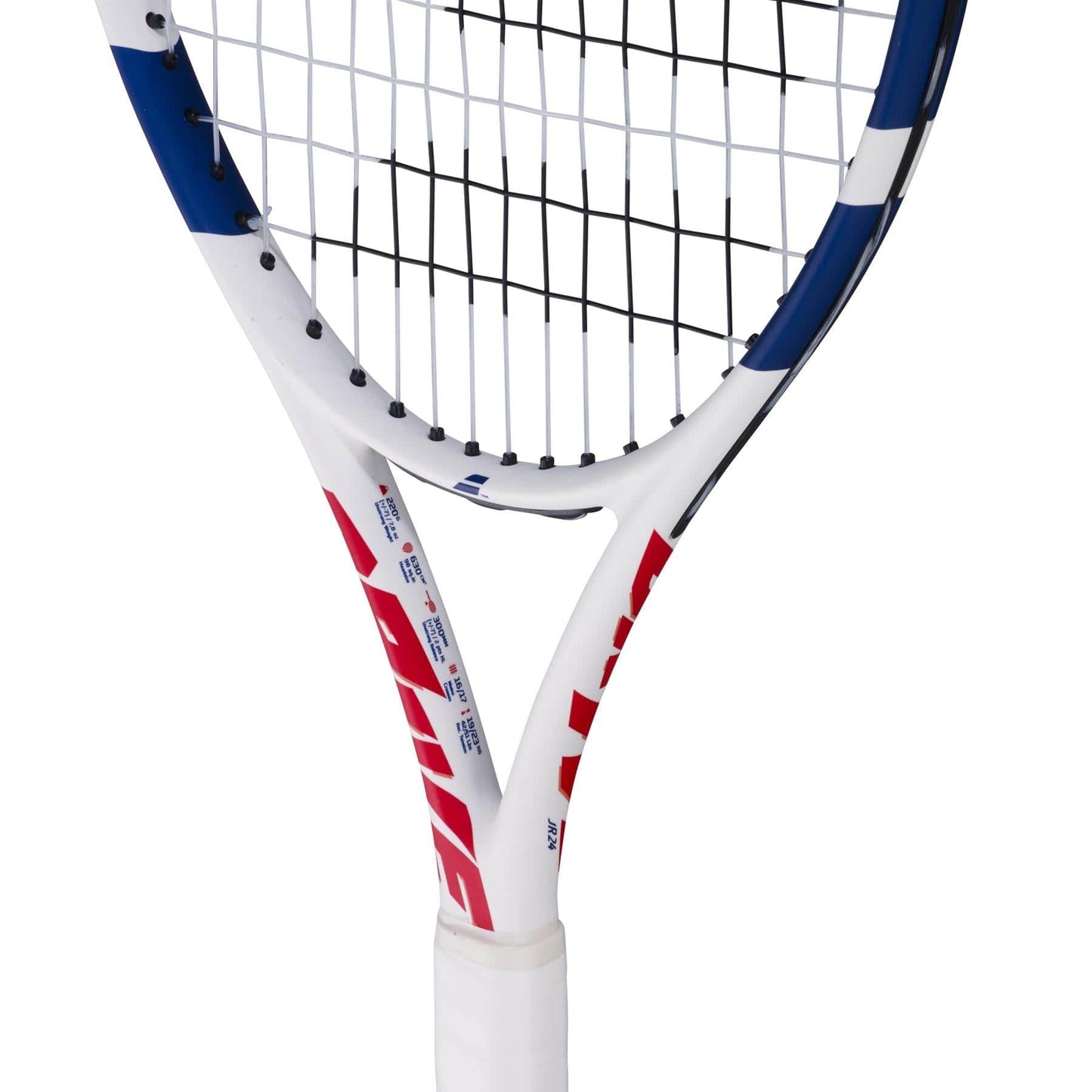 Close-up of the Babolat Drive Junior 24 tennis racket in a blue, red, and white design. Its tightly woven strings suit intermediate players. It features a white grip handle with the brand name prominently on the frame.