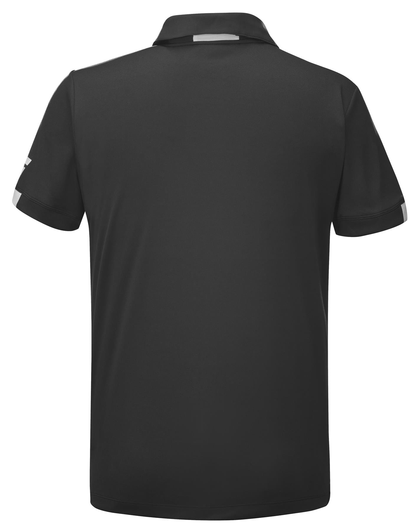 Back view of the Babolat Play Men's Tennis Polo Shirt in black, showcasing a small logo on the right sleeve and a reflective horizontal strip across the upper back. This shirt features a classic collar and is made from Fiber Dry fabric, ideal for sports enthusiasts.