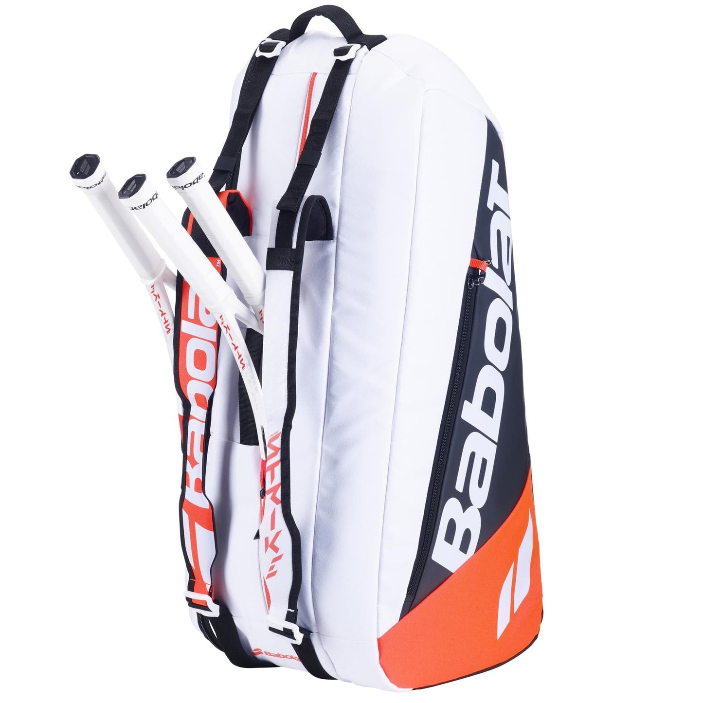 The cutting-edge design of the Babolat RH6 Pure Strike 4th Gen 6 Racket Tennis Bag in white, black, and red displays the "Babolat" brand name. It features isothermal material to safeguard up to three tennis rackets with their white grips in its side compartments. Additionally, shoulder straps make it easy to carry.