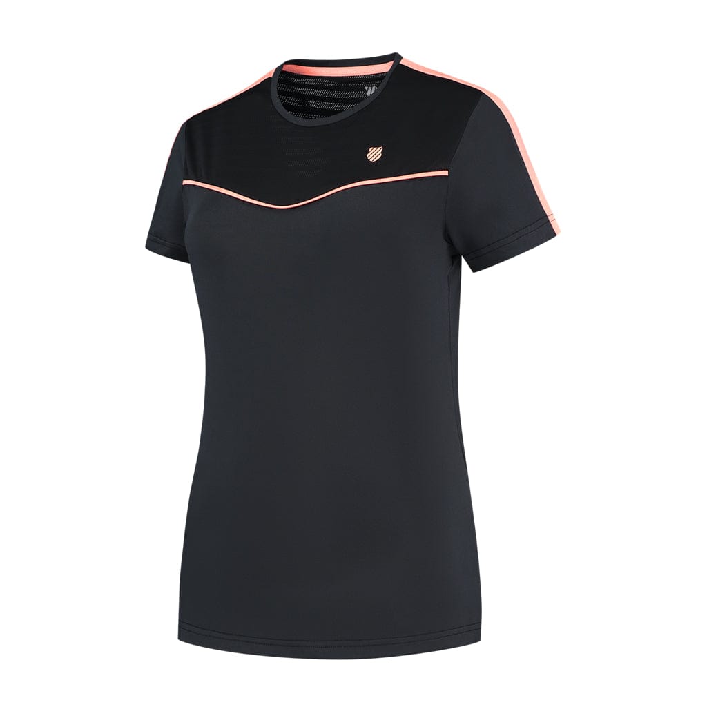 The K-Swiss Tac Hypercourt Round Neck Tennis Top 2 in black is a short-sleeve athletic shirt with a round neck and pink stripes on the shoulders, ideal for any sport. It includes a small logo on the chest, enhancing your style during play.