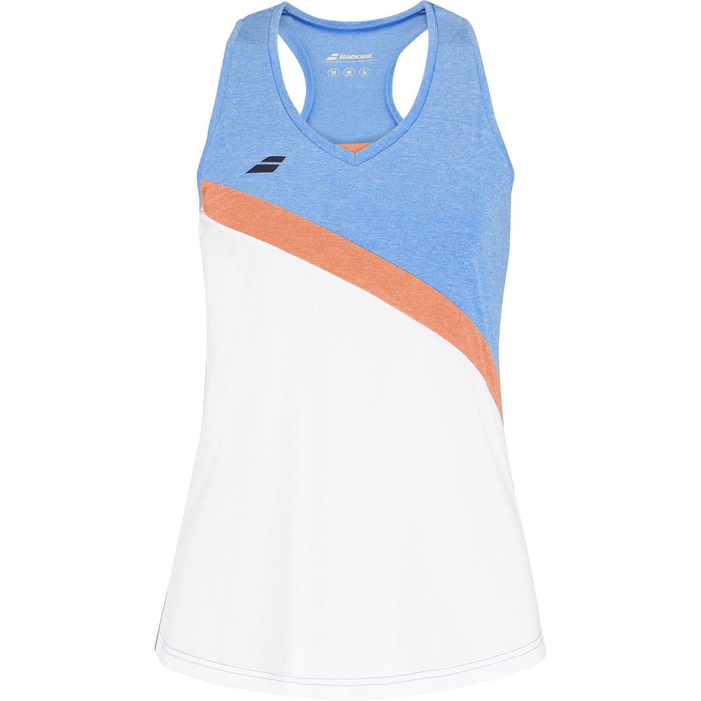 The Babolat Play 2025 Women's Tennis Tank Top in White/Blue Heather features a sleeveless design with a blue upper section, orange diagonal stripe, and white lower part. It has a v-neck and small logo on the left chest. Made from recycled polyester, it's ideal for athletic activities.