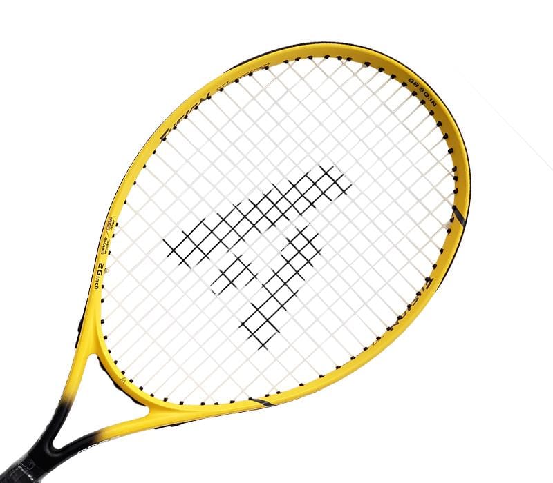 The Ashaway Fusion Power 2600 Tennis Racket - Yellow features a vibrant yellow and black frame with a unique white string pattern highlighted by a central design. Its elegant look is showcased against a crisp white background, making it perfect for beginner players.