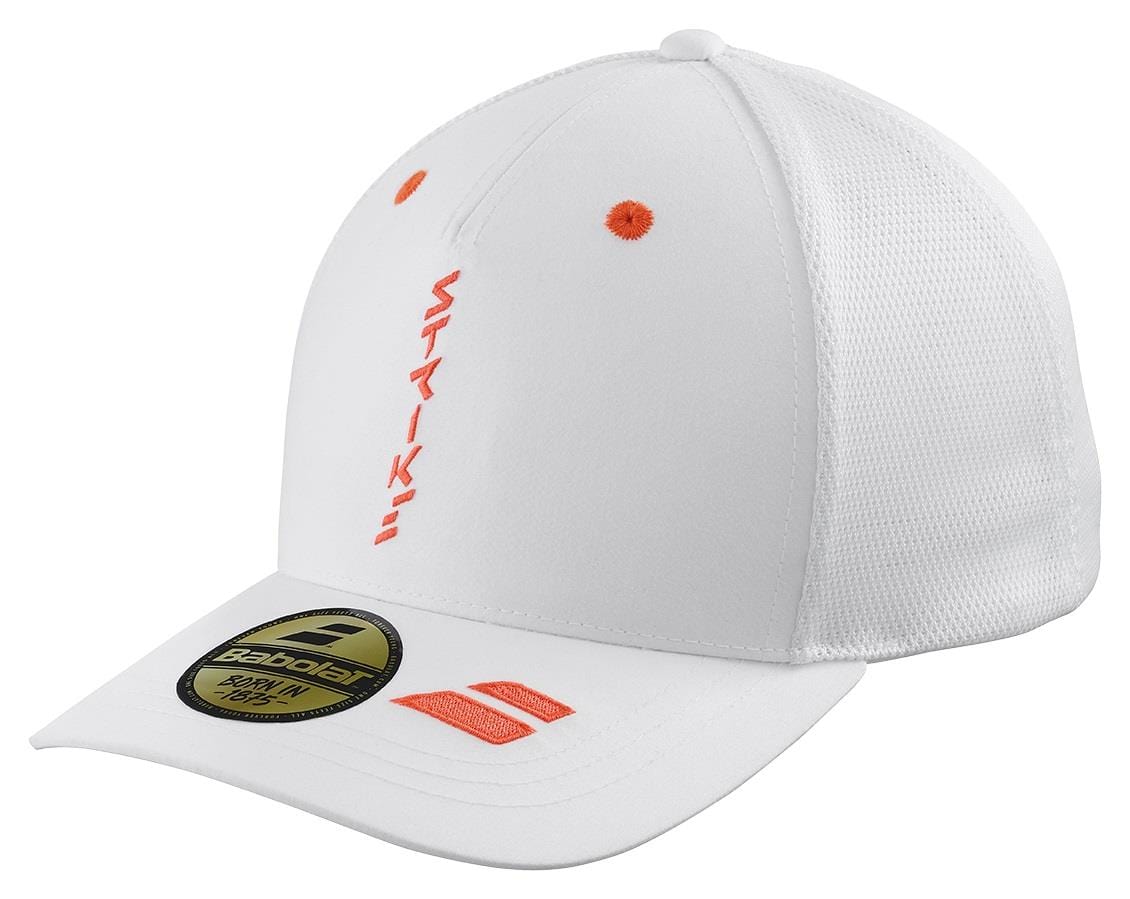 Introducing the Babolat Curve Trucker Tennis Hat in White and Strike Red: a stylish baseball cap featuring an orange design on the front panel. This hat is designed with a breathable mesh back and includes a reflective sticker on the brim highlighting Babolat's branding, making it an ideal choice for both style and comfort on and off the court.