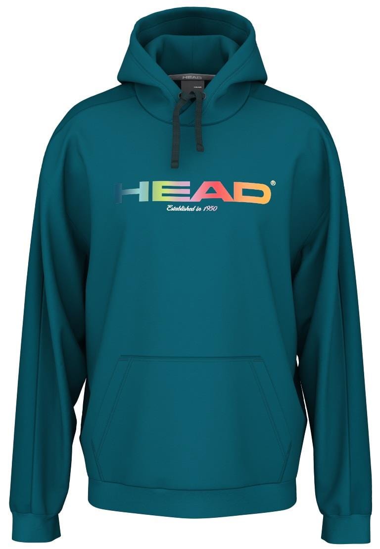 The HEAD Rally Men's Tennis Hoodie - TE is a stylish teal hoodie featuring "HEAD" in large, rainbow-colored letters across the chest. Made from cozy French terry, it includes a kangaroo pocket and drawstrings. Below the logo, it says "Established in 1950.