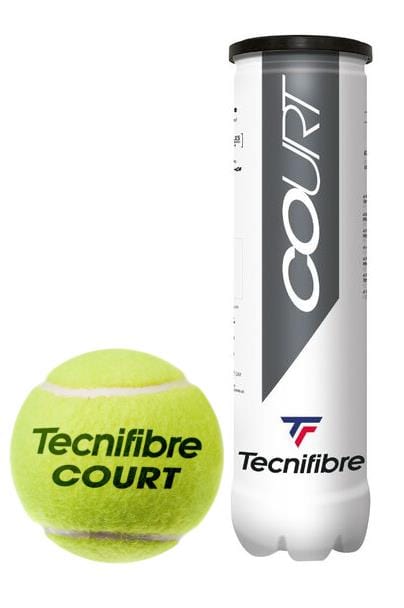 A vivid green tennis ball rests beside a cylindrical tube marked "Tecnifibre Court Tennis Balls - 4 Ball Tube." Known for their competition-grade quality and endurance, these Tecnifibre tennis balls deliver outstanding performance on the court.
