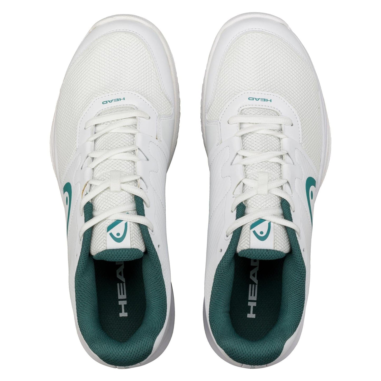 Top view of HEAD Revolt Court Men's Tennis Shoes in White/Pine Green, featuring green interiors. These lightweight shoes offer comfort with a logo on the tongue and a circular green emblem on the side, crafted with breathable mesh for sports or casual outings.
