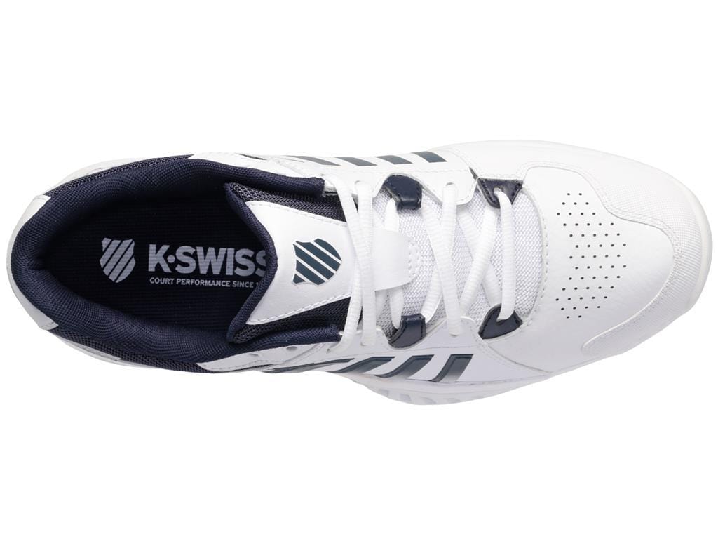 Here's a rewritten version of the sentence using the given product data:
Top view of the K-Swiss Receiver V men's tennis shoe in white with Peacoat and silver accents. This performance-focused design includes cushioning, a lace-up system, perforated detailing on the toe, and showcases the iconic K-Swiss logo on both the tongue and side.