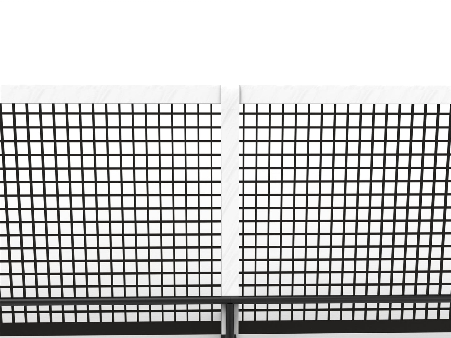 The Pickleball United Driveway 10 Junior Pickleball Net by Pickleball United features two white panels with a grid of black squares, divided by a vertical white strip and a bottom black bar, seen against a plain white background.
