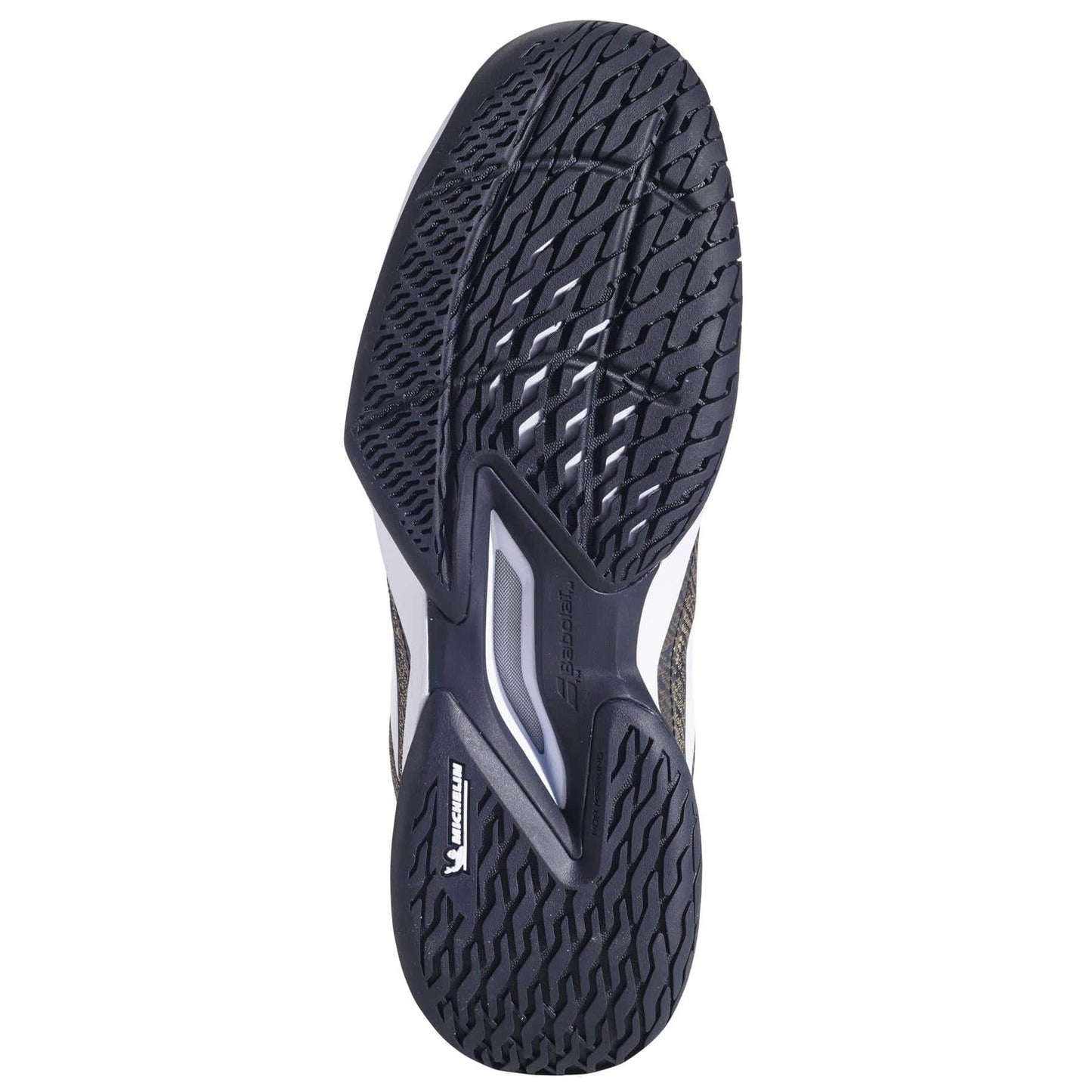The image features the Babolat Jet Mach 3 All Court Men's Tennis Shoe with a black Michelin sole, textured tread, wavy and geometric lines, a white Vibram logo, and silver arch support showcasing advanced Matryx technology.