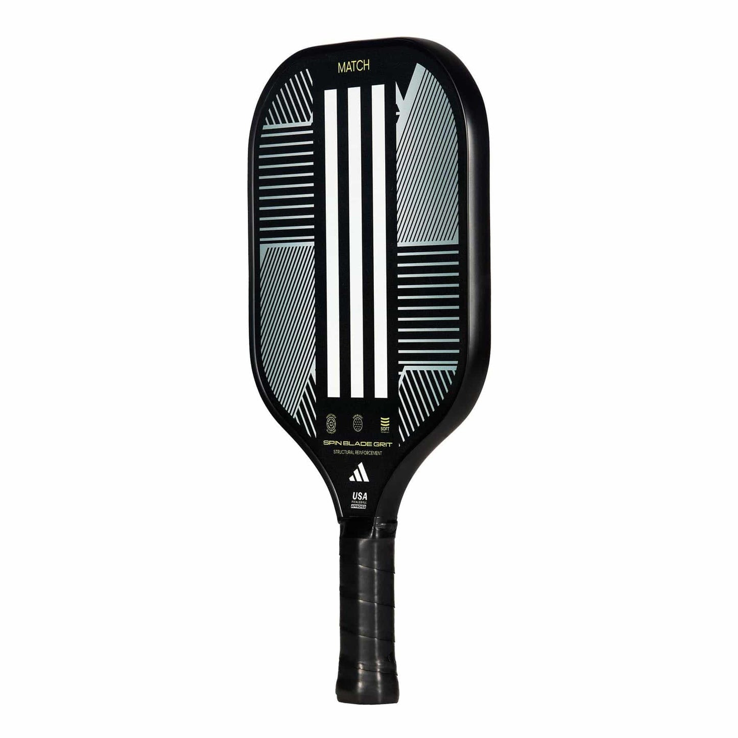 The adidas Match 3.3 Pickleball Paddle - Black features a durable fiber glass build, Spin Blade Grit surface, geometric white and green stripes with "MATCH" at the top, and a black textured handle for superior grip.