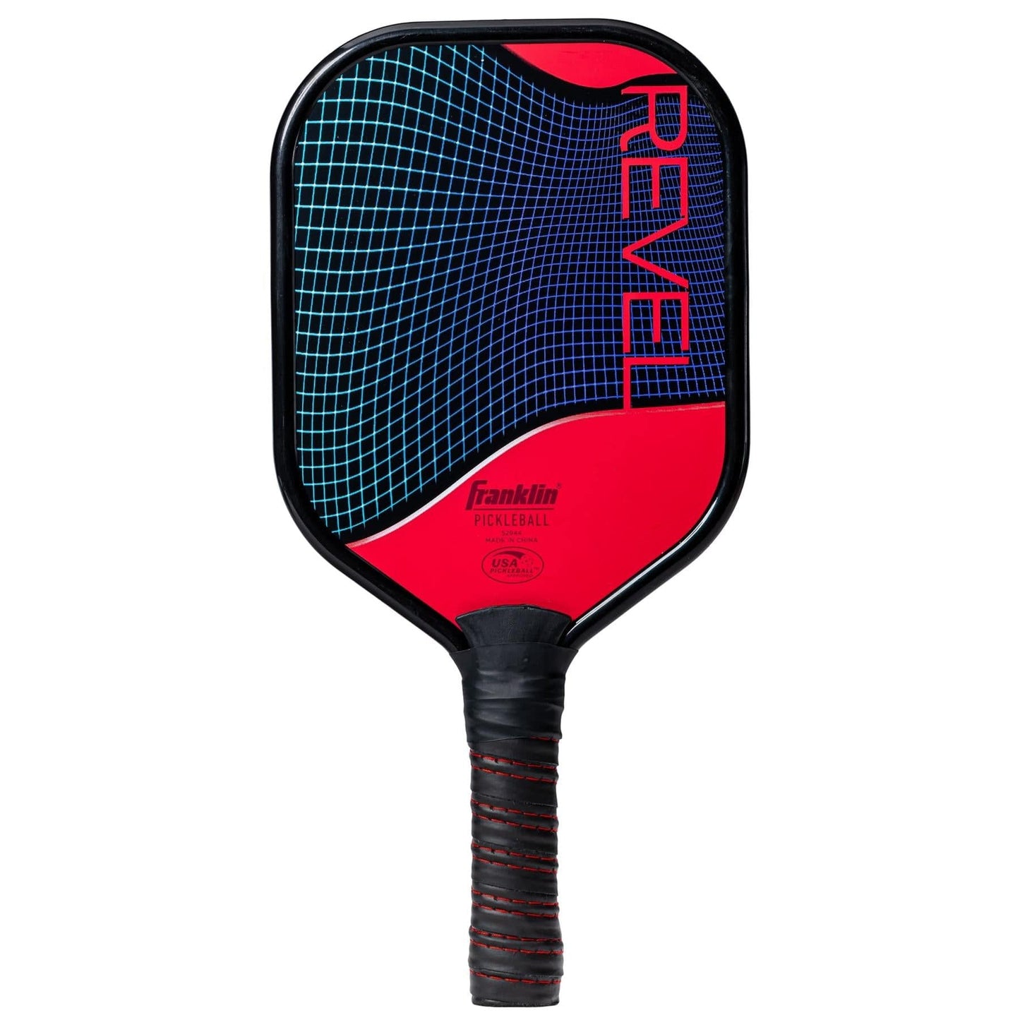 The Franklin Revel Pickleball Paddle - Red by Franklin has a black handle, red face with blue grid lines, and "REVEL" in bold on the right edge; this beginner-friendly paddle is USA Pickleball approved.
