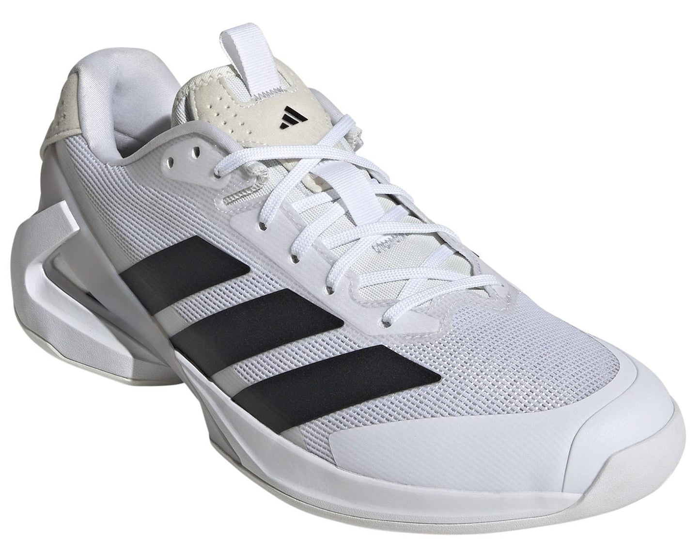 The adidas Adizero Ubersonic 5 Men's Tennis Shoes are white with black stripes, featuring a lightweight mesh upper, chunky sole, and small tongue logo for signature flair.