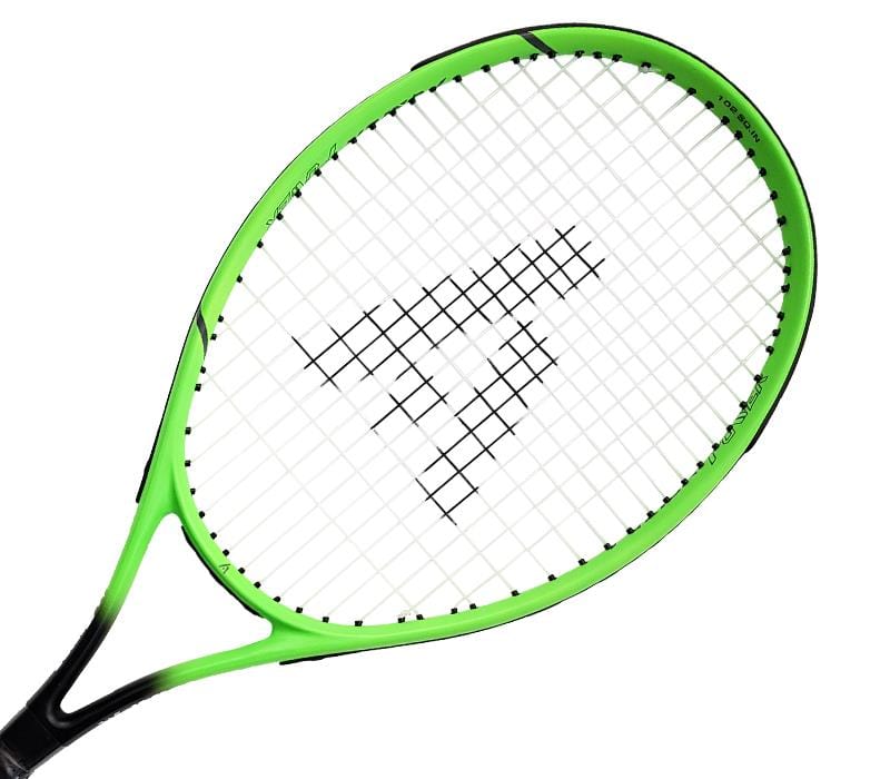 A close-up view of the Ashaway Fusion Power 2700 Tennis Racket - Green showcases its intricate white string design with a distinctive black logo pattern located centrally in the string bed. This racket is designed to be both manoeuvrable and powerful, making it an ideal option for beginner tennis players. The image is set against a simple white background.
