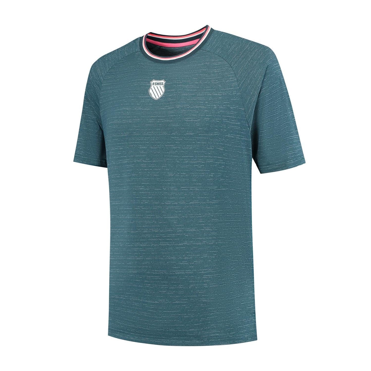 The K-Swiss Hypercourt Melange 3 Men's Tennis T-Shirt in Stargazer showcases a textured pattern, ideal for performance players. It features a small white K-Swiss logo on the left chest and red, white, and blue striped trim at the neckline.