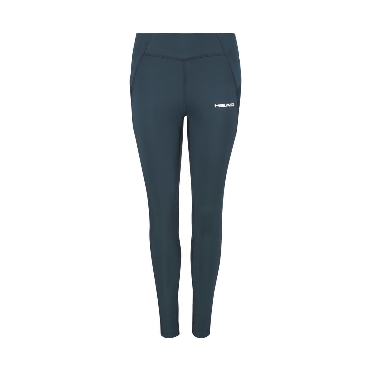 A pair of navy blue full-length leggings, ideal for tennis tights, with a small logo on the left hip set against a white background. These HEAD Women's Tech Tennis Tights feature a high waistband and visible front seams, designed with Moisture Transfer Microfiber for maximum comfort.