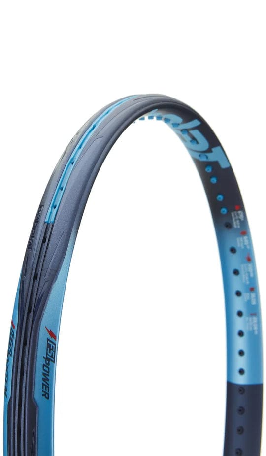 Close-up of a blue racket frame, highlighting the Babolat logo and string holes. The sleek design emphasizes aerodynamic construction, akin to the innovative NF2 Tech found in the 2025 Babolat Pure Drive Lite tennis rackets.
