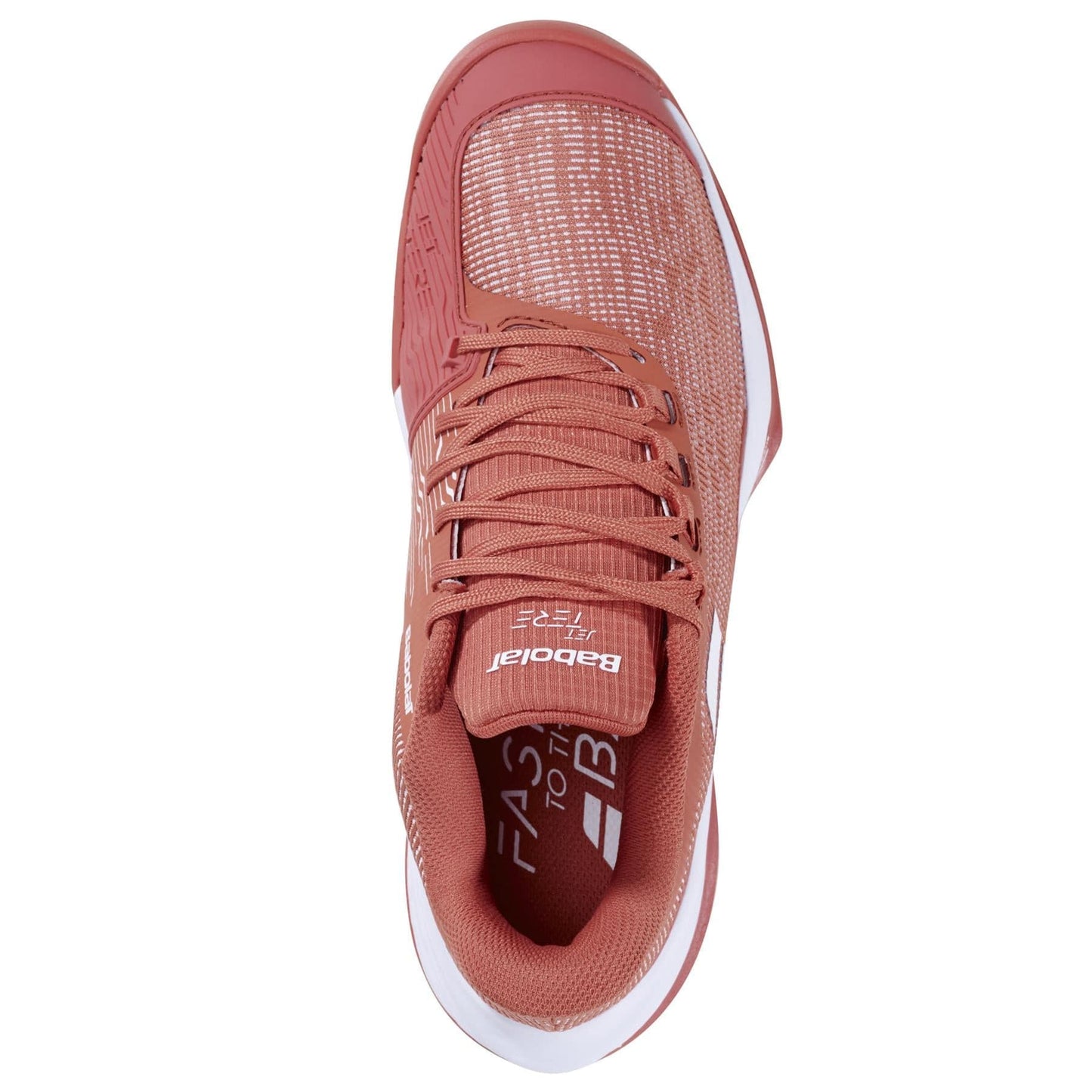 Top view of the Babolat Jet Tere 2 Women's Tennis Shoe in terra cotta, featuring a reddish-brown breathable mesh upper, white accents and laces, brand logo on the tongue, and a durable rubber sole for lightweight performance.