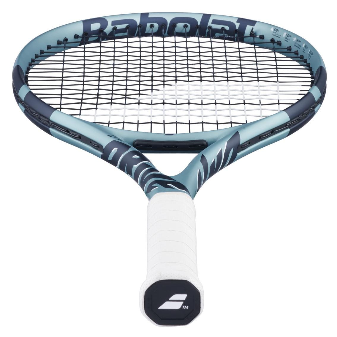 Close-up of a Babolat EVO Drive Gen 2 Tennis Racket - Blue, featuring a striking blue frame, Air Handle Touch technology white grip, and black strings, with the Babolat logo prominently displayed at the base of the grip.