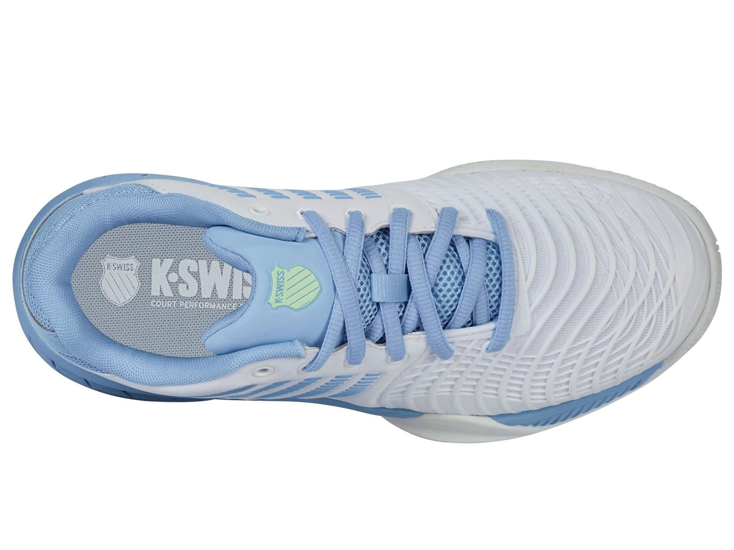 A top view of the K-Swiss Express Light 3 women's tennis shoe in white and blue showcases its mesh texture, blue laces, and K-Swiss logos on the insole and tongue. Featuring DuraWrap Flex technology for durability, it's crafted to enhance your performance.