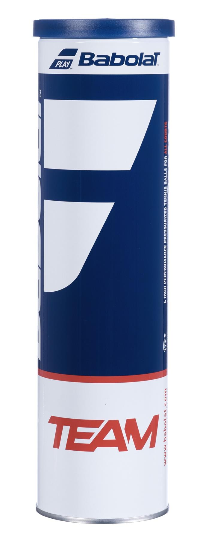 The Babolat Team X4 Tennis Balls come in a 4 Ball Tube with a distinctive cylindrical design in blue and white, proudly showcasing the Babolat brand. Highlighting "TEAM" in red, these ITF-approved tennis balls are crafted for high performance, making them perfect for enhancing your game on the court.