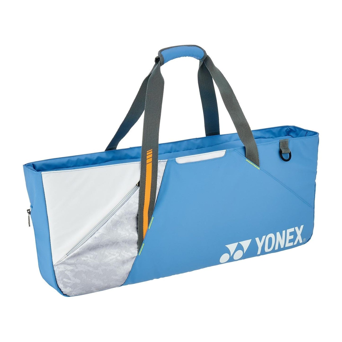 The Yonex 52531EX Club Tournament Tennis Bag in Grayish Blue features gray straps, YKK zippers, a zippered pocket, a white panel with a silver interior design, a streamlined shape with a racket divider, and a small loop near the top right.