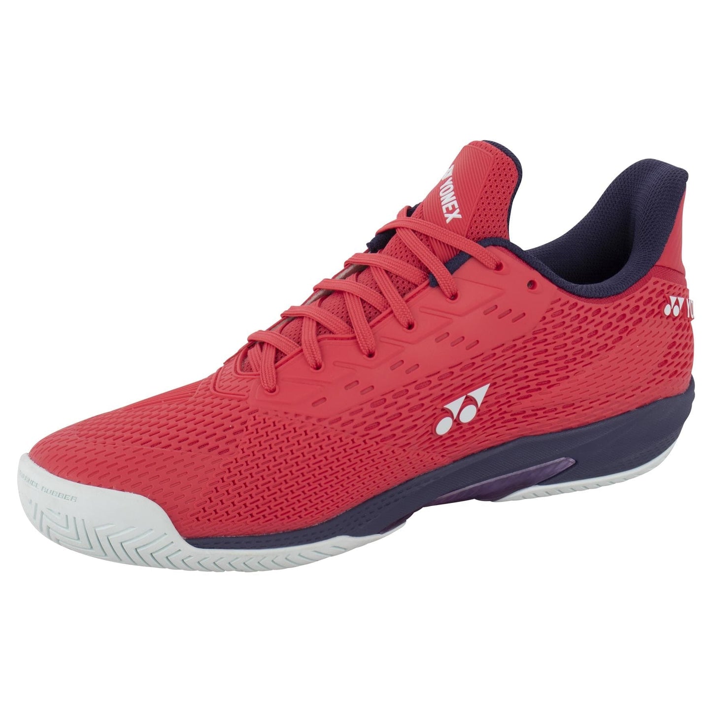 The Yonex Power Cushion Ad-Accel Men's Tennis Shoes in Sunset Red boast a white sole, navy blue interior, and a textured mesh design. They feature the Yonex logo on the side and tongue and are enhanced with Accel-Booster technology for improved performance and comfort.