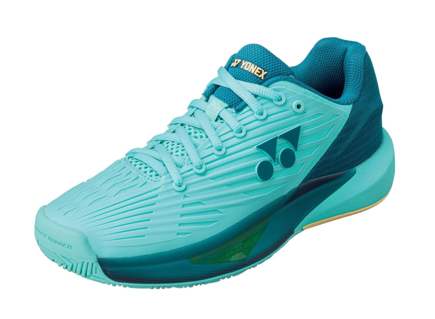 Introducing the Yonex Power Cushion Eclipsion 5 Women's Tennis Shoes in Cyan: A stylish tennis shoe showcasing a sleek design with geometric patterns and the Yonex logo on the side. It features a textured sole and supportive heel, making it ideal for athletic pursuits.