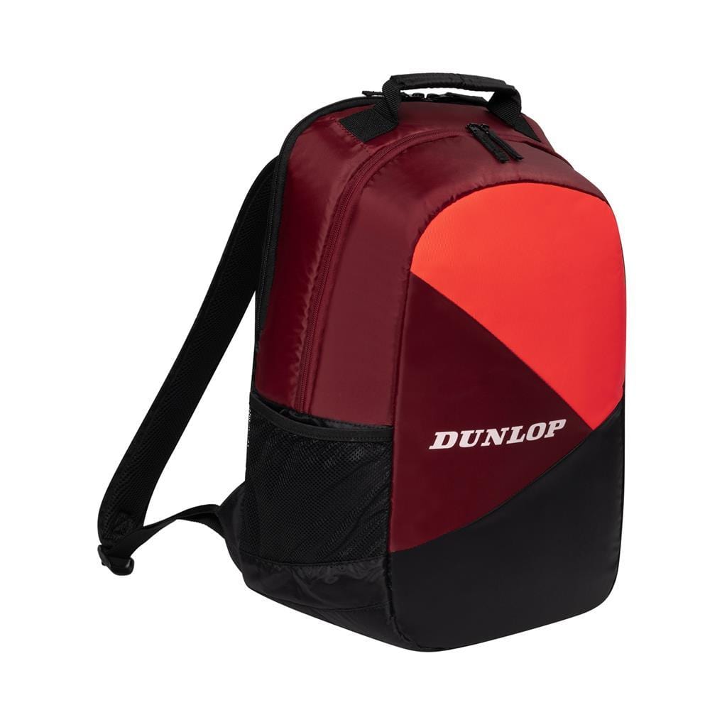 Introducing the Dunlop CX Club Tennis Backpack in black and red—ideal for badminton enthusiasts. This backpack boasts a sleek, modern design with a main zippered compartment, adjustable black shoulder straps, and a small mesh side pocket.