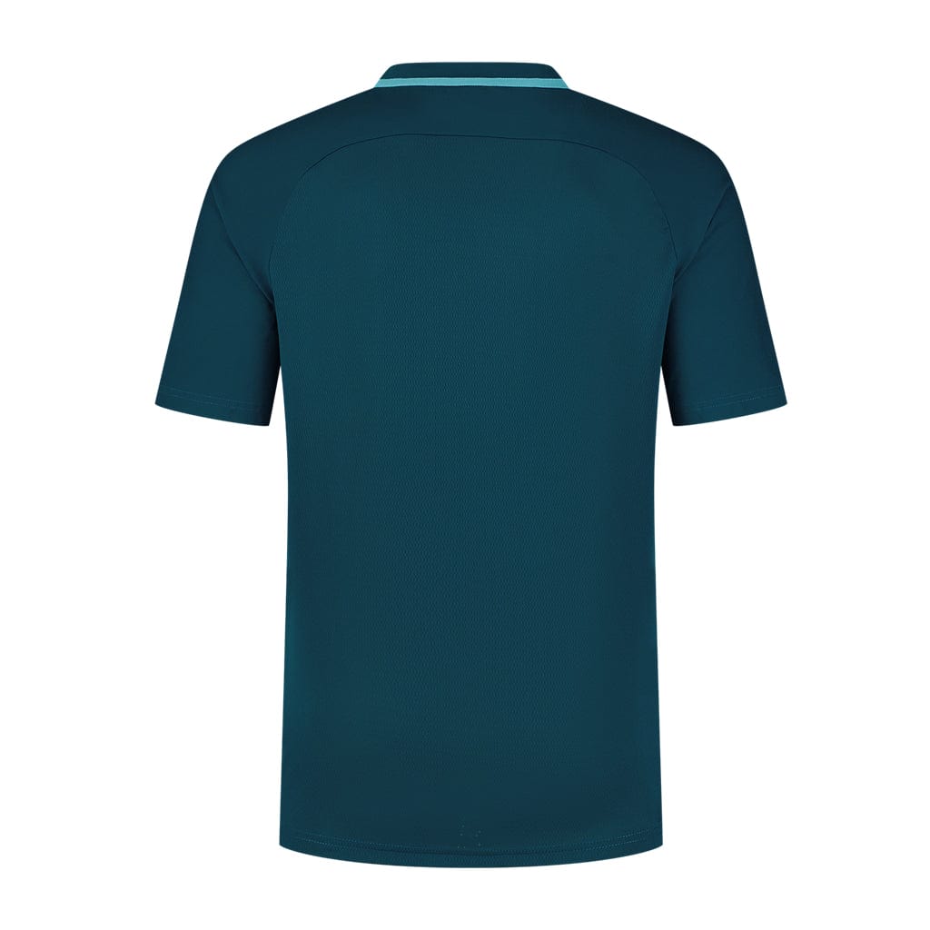 Back view of the K-Swiss Tac Hypercourt Mesh Crew 2 Tennis T-Shirt in Blue Opal, showcasing a plain teal short-sleeved design with a light blue collar detail. This logo-free shirt embodies a simple and clean aesthetic ideal for the Hypercourt enthusiast.