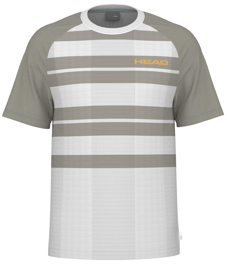 The HEAD Performance Men's Tennis T-Shirt - XPWG features green and white horizontal stripes, a gray collar, and "HEAD" in yellow on the right chest. It includes Moisture Transfer Microfiber technology for optimal court performance.