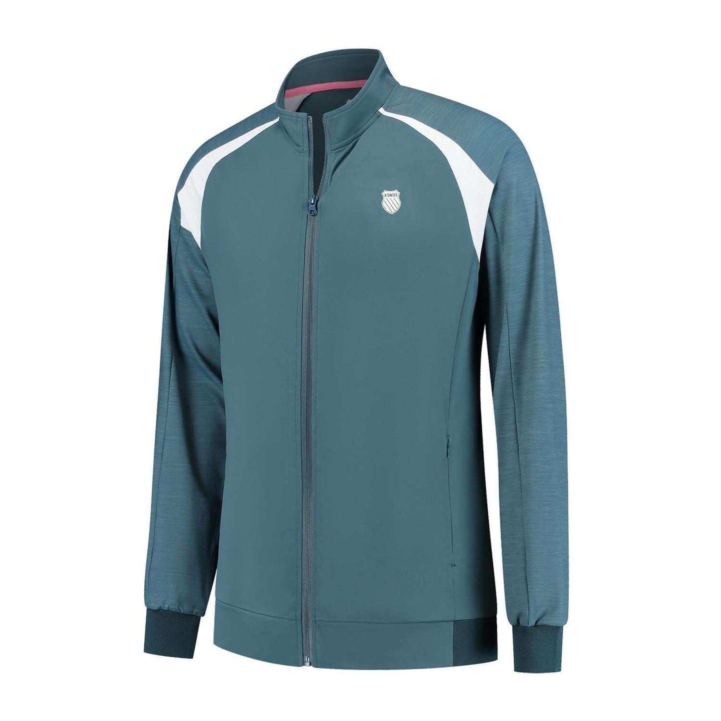 The K-Swiss Hypercourt Men's Tennis Tracksuit Jacket 7 in Stargazer/White features long sleeves with ribbed cuffs, a front zipper, white shoulder accents, and a crest logo on the left chest. Designed for performance players.